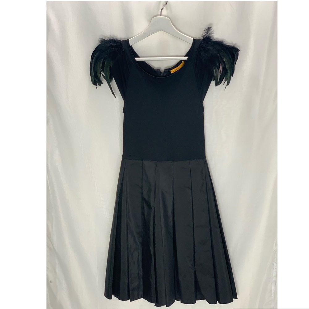 Alice + Olivia Feather Shoulder Pleated Dress